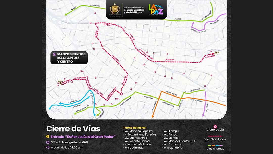 Mapa de cierre de vías por la Entrada del Gran Poder. Foto: Alcaldía de La Paz.