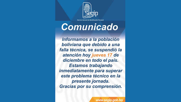 El comunicado del Servicio General de Identificación Personal (SEGIP).